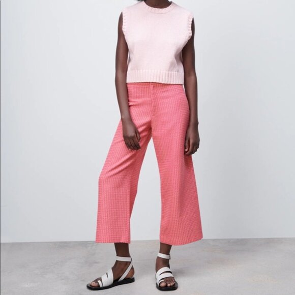 Zara Pink Textured High Waisted Wide Leg Cropped Pants XS - Picture 3 of 16